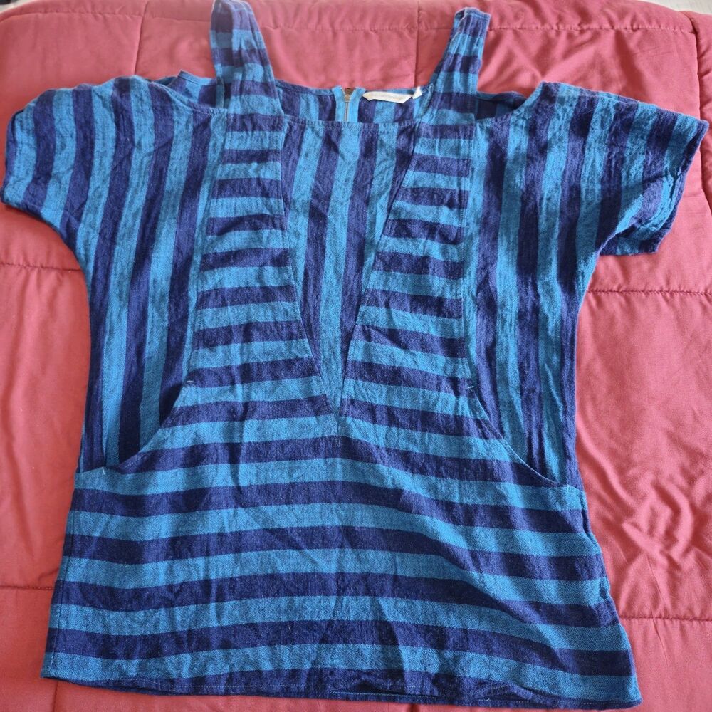 Soft Surroundings Women Blue Striped Sunset Cold Shoulder Linen Tunic Top Med - Picture 1 of 9